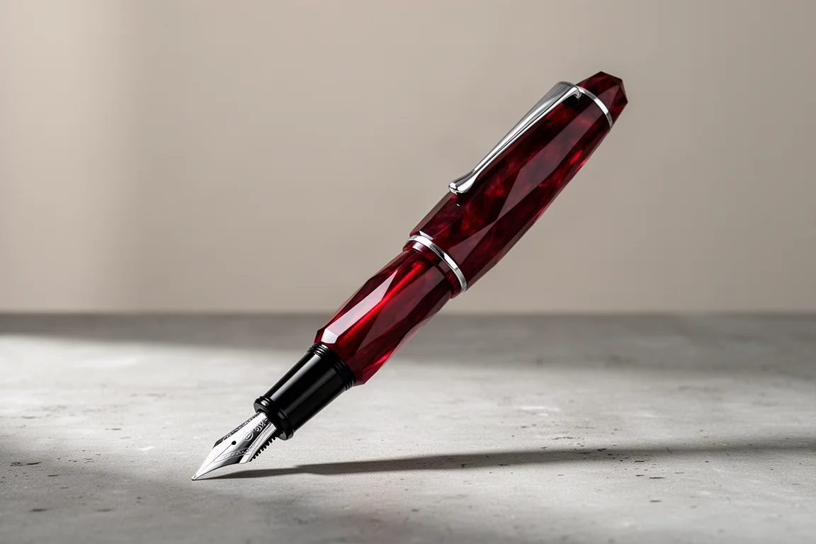 Red faceted Lambrou Pens LB6 fountain pen on a concrete surface