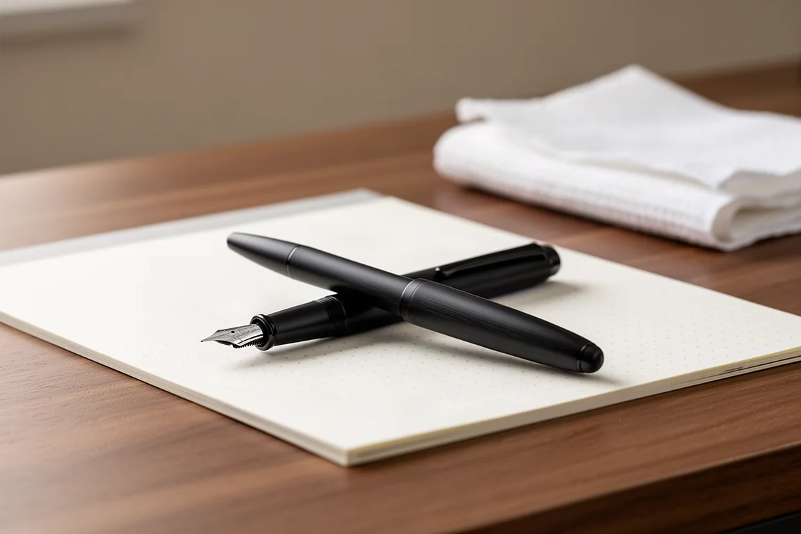Stylo plume noir mat sur un bureau en béton à côté d'un carnet en lumière douce