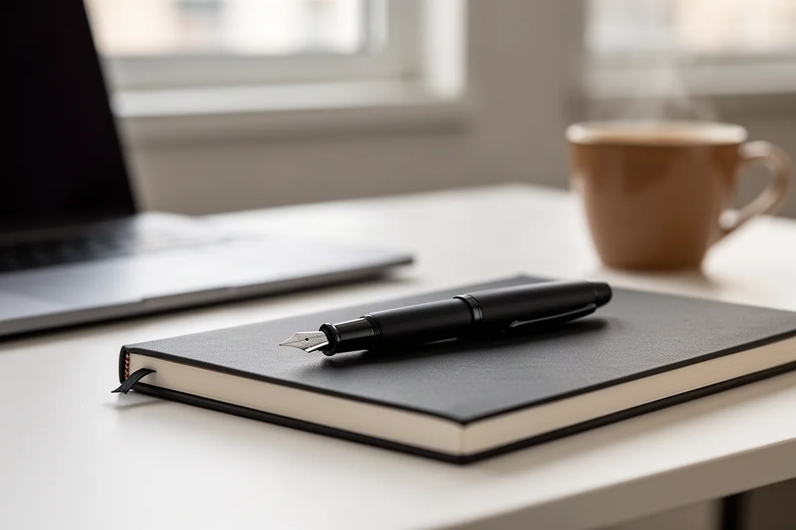 Main traçant des lignes cursives fluides sur papier crème avec un stylo plume