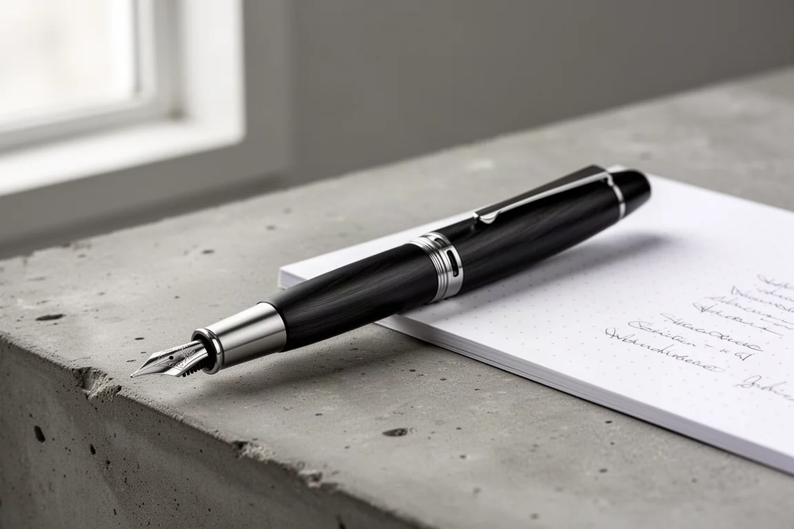 Matte black fountain pen with brushed steel grip and gold nib on concrete surface