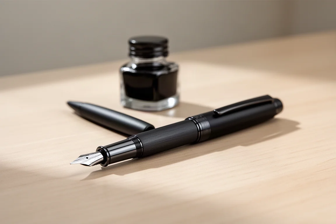 Matte black fountain pen with stainless steel grip resting on a desk next to an ink bottle