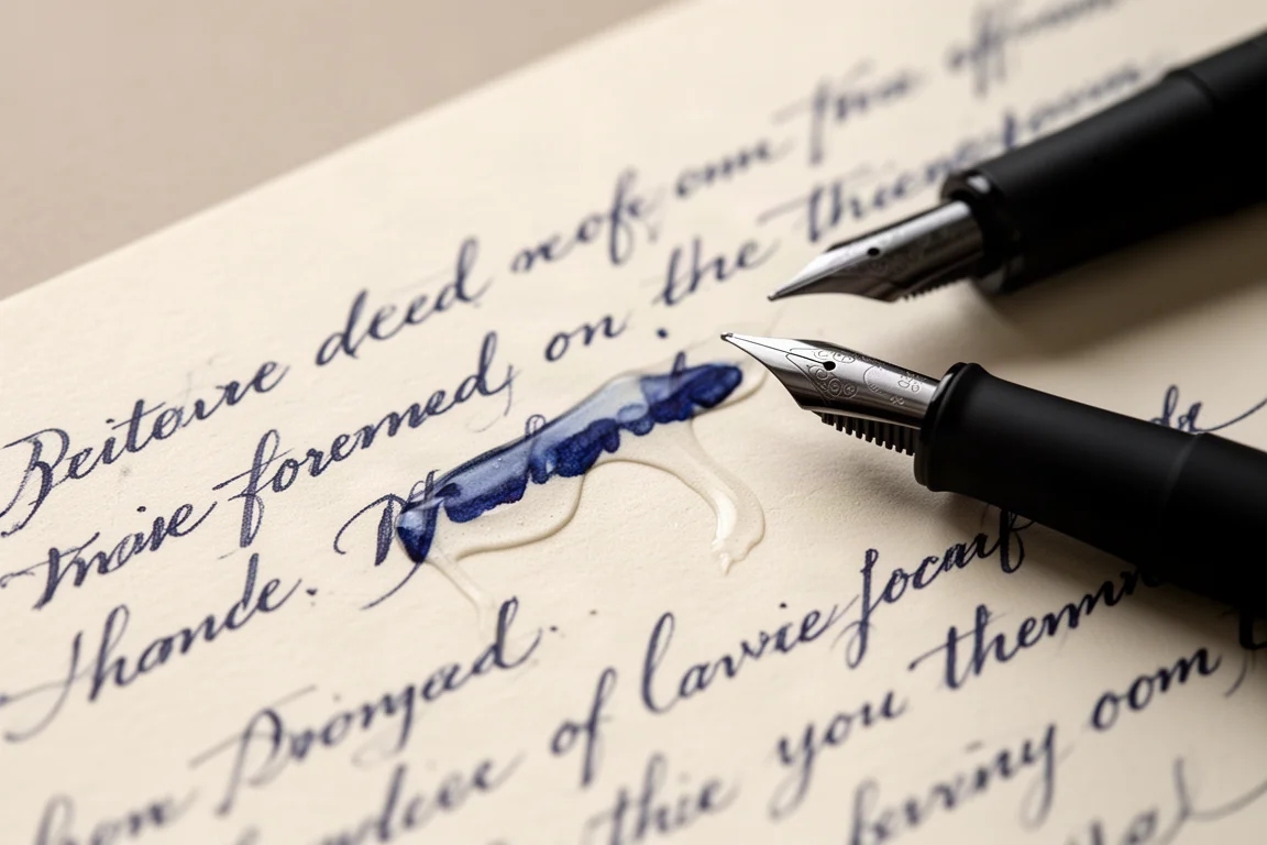 Handwritten fountain pen writing samples showing a wet broad line on cream paper