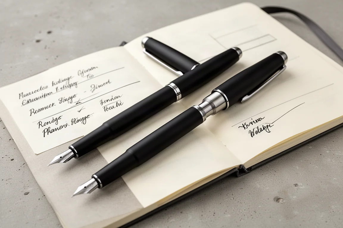 Two fountain pens side by side on a desk beside a notebook for nib comparison