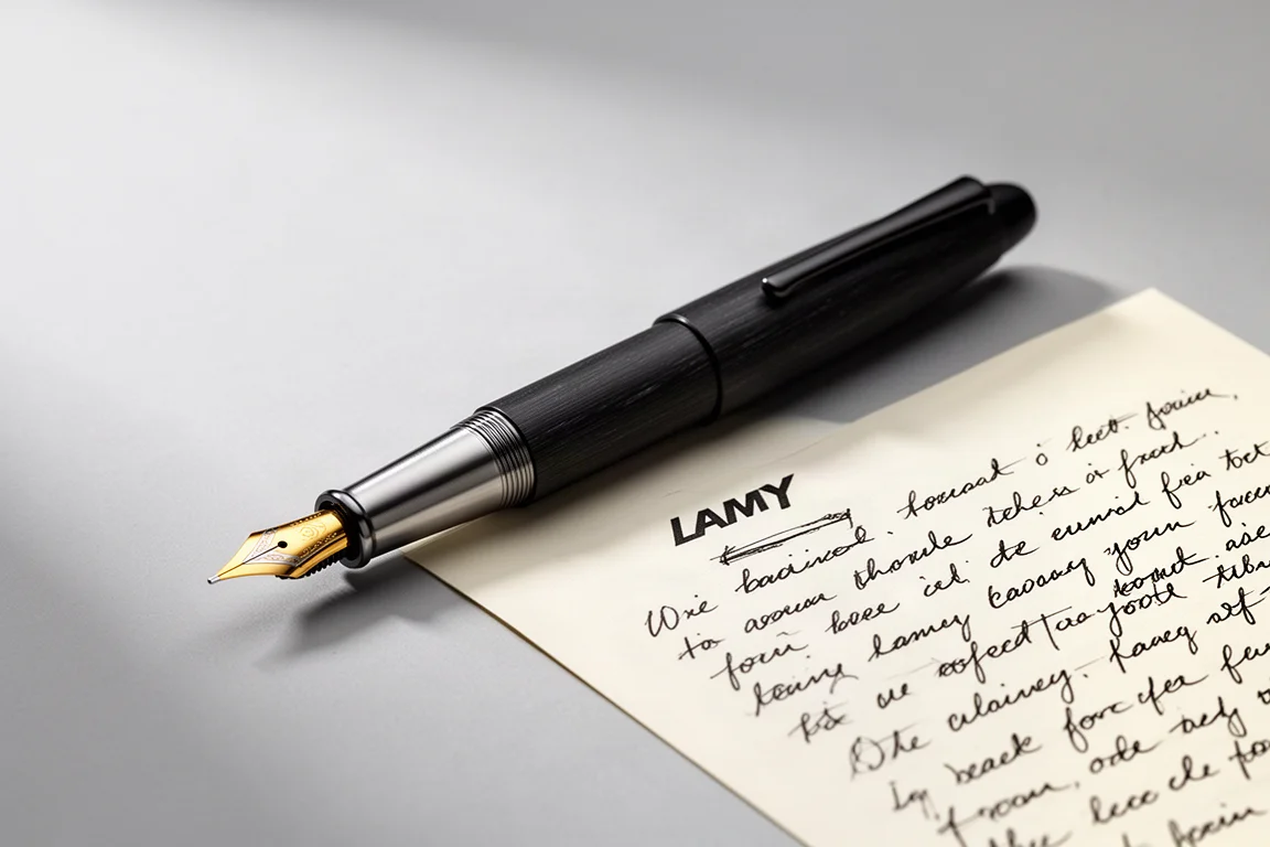 Matte black fountain pen with stainless steel grip beside a handwriting sample