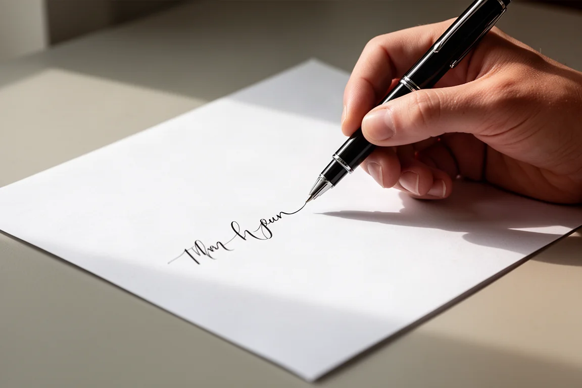 Mano escribiendo con fluidez en papel blanco con un bolígrafo negro a luz natural suave