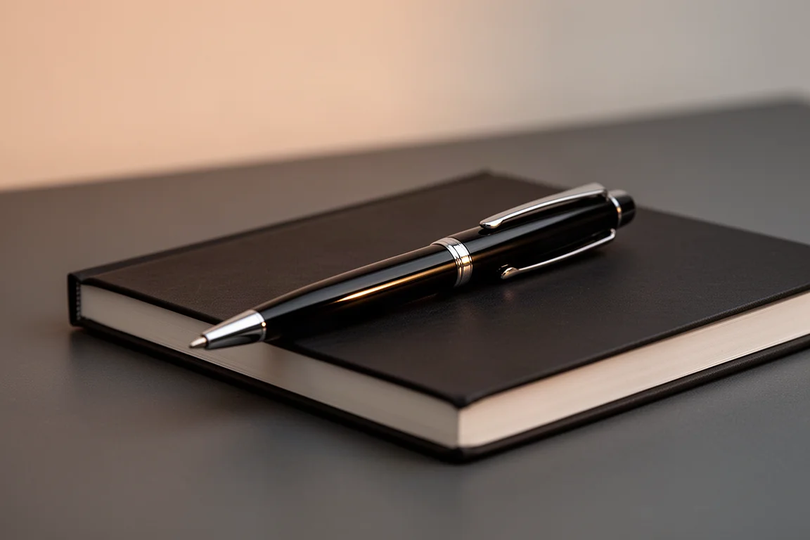 Bolígrafo elegante reposando sobre un escritorio oscuro junto a una libreta con luz cálida tenue
