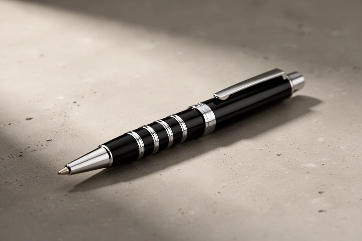 Glossy black premium ballpoint pen with silver ringed grip on matte concrete