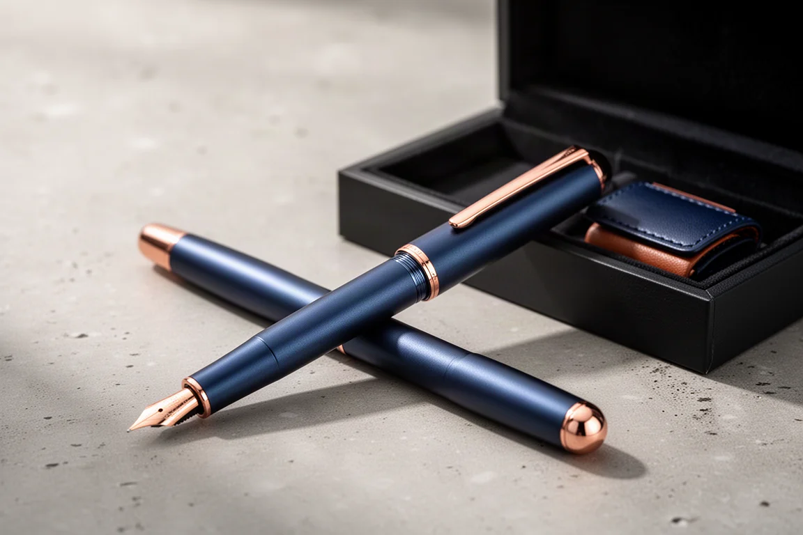 Pluma estilográfica retractil azul oscuro mate apoyada en un escritorio con detalles en oro rosa