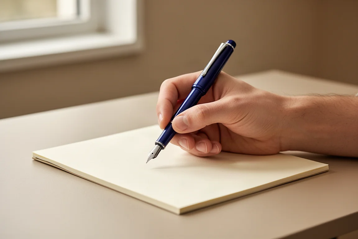 Pluma estilográfica sostenida con una mano relajada sobre un escritorio de escritura