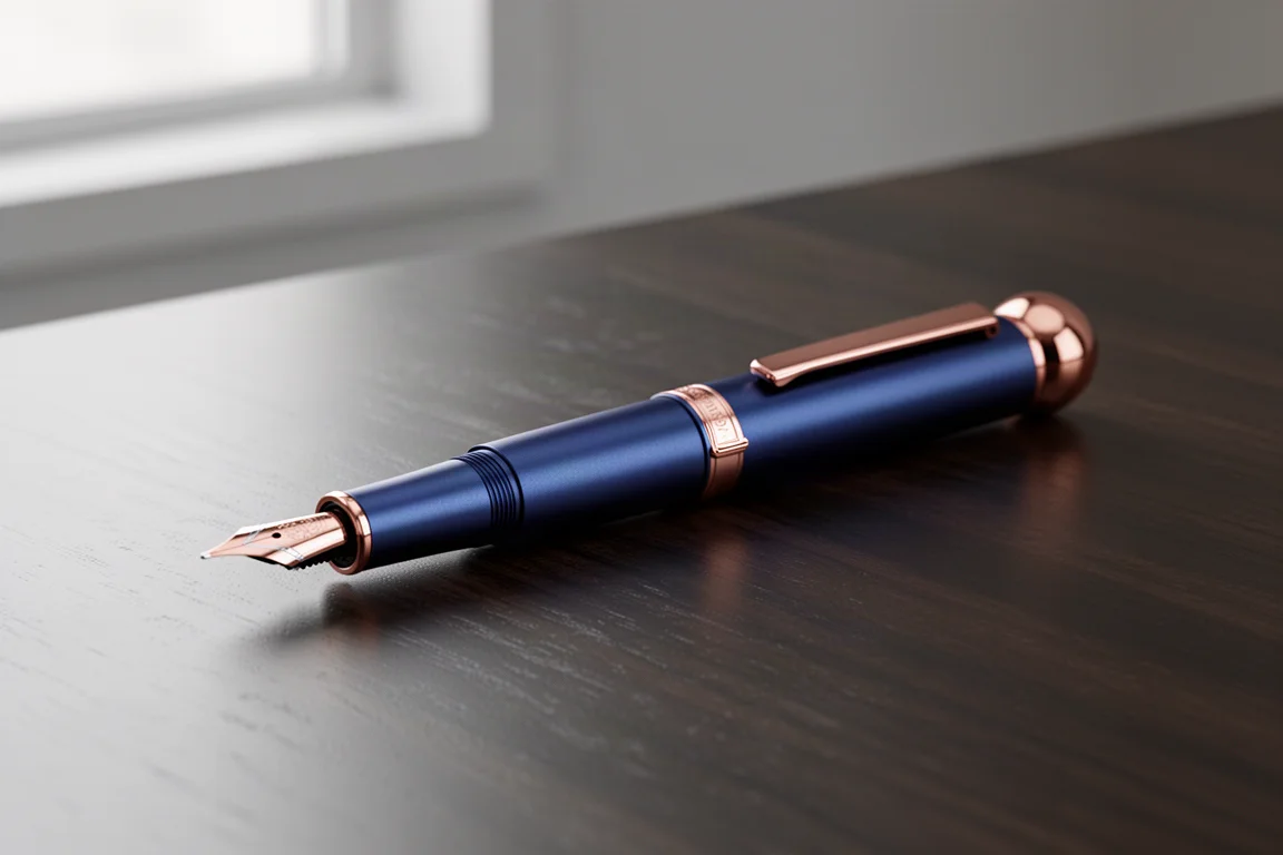Matte dark blue retractable fountain pen with rose gold trim on a dark wood desk