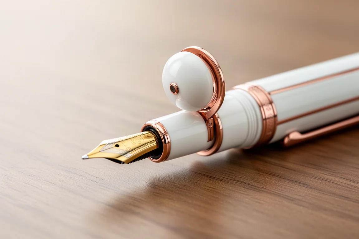 Retractable fountain pen with nib extended and swivelling dome door open