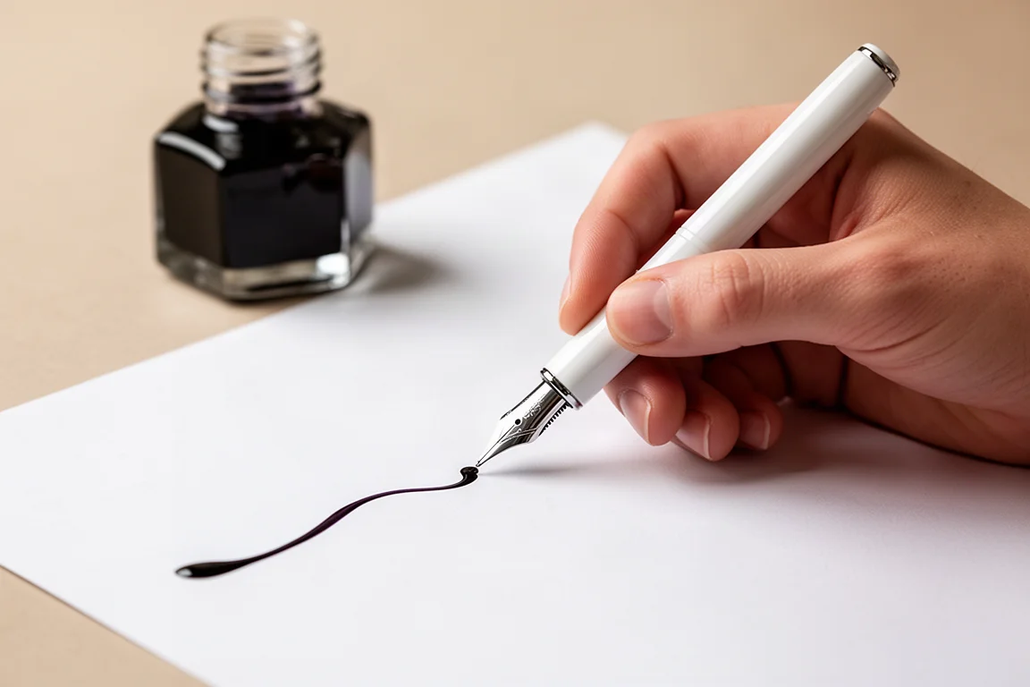 Person writing smoothly with a fine gold nib on white paper