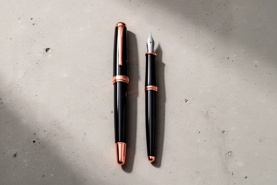 Two similar retractable fountain pens lying side by side for length comparison