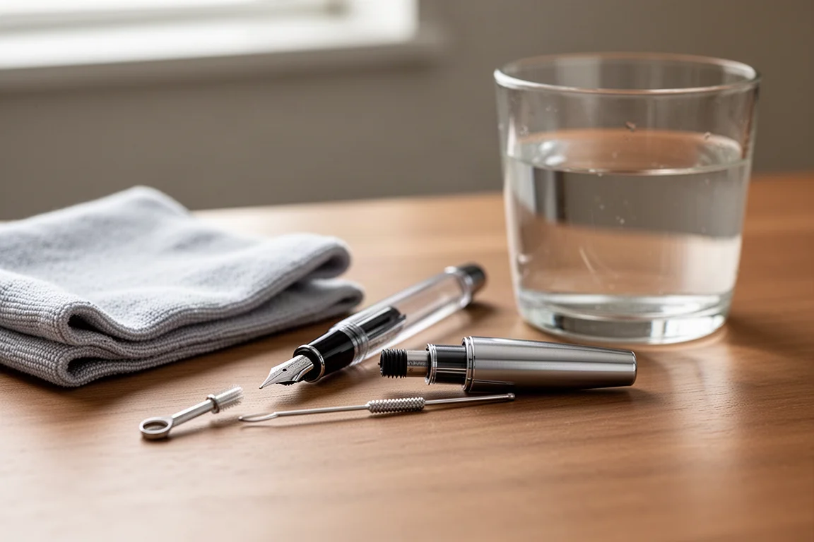 Fountain pen disassembled for cleaning on a desk with water and cloth
