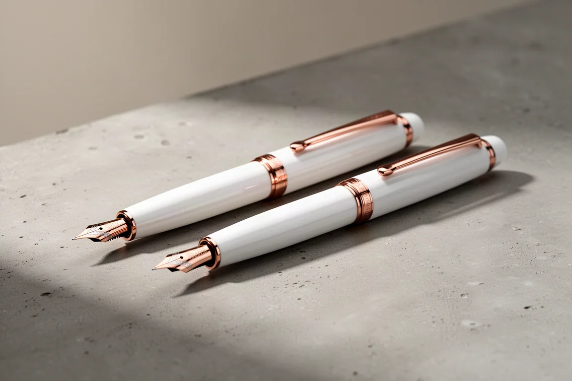 Two glossy retractable fountain pens lying side by side on a concrete surface