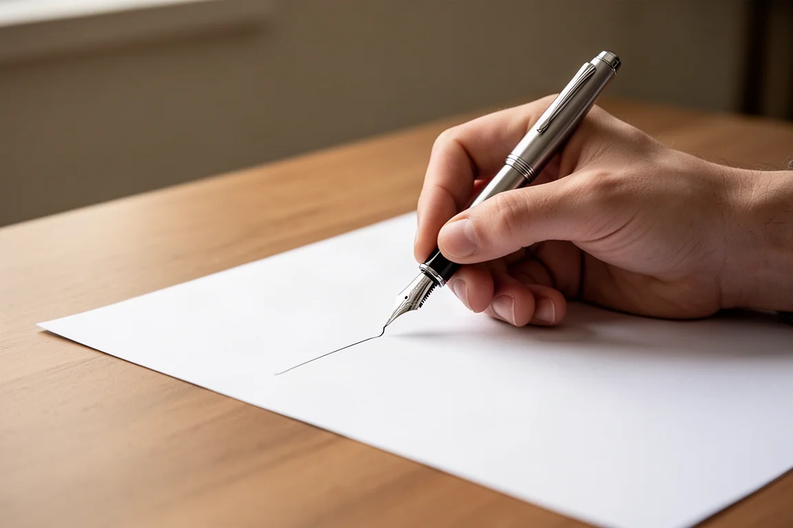 Una mano escribe con fluidez usando una pluma estilográfica sobre papel liso