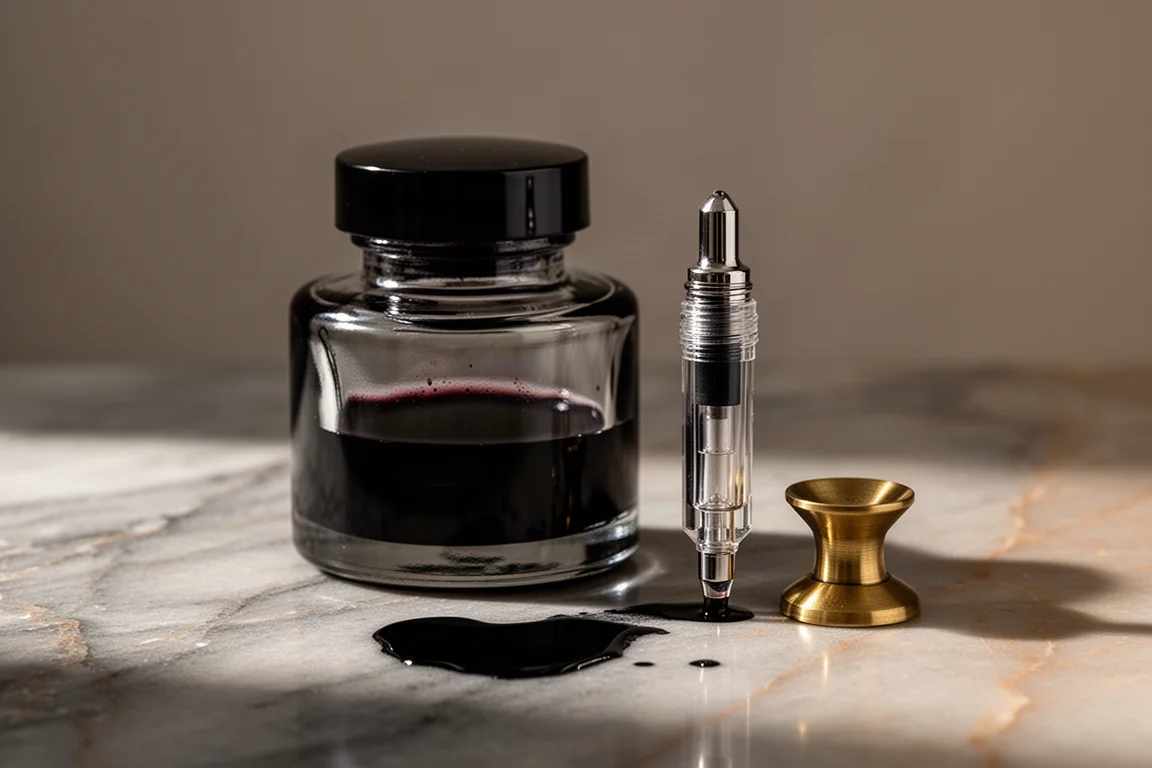 Frasco de tinta para estilográfica y reposapollas de cristal estilizados sobre un escritorio de mármol