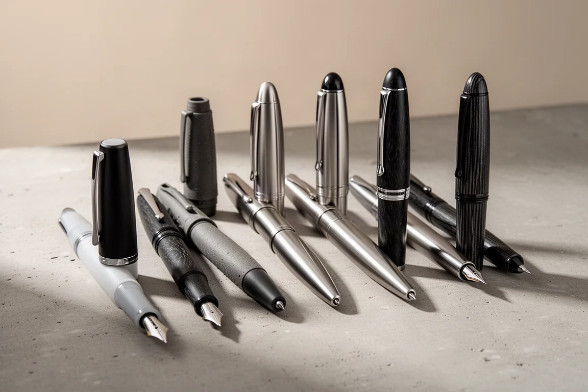 Six LAMY fountain pens of different finishes arranged in a row on concrete