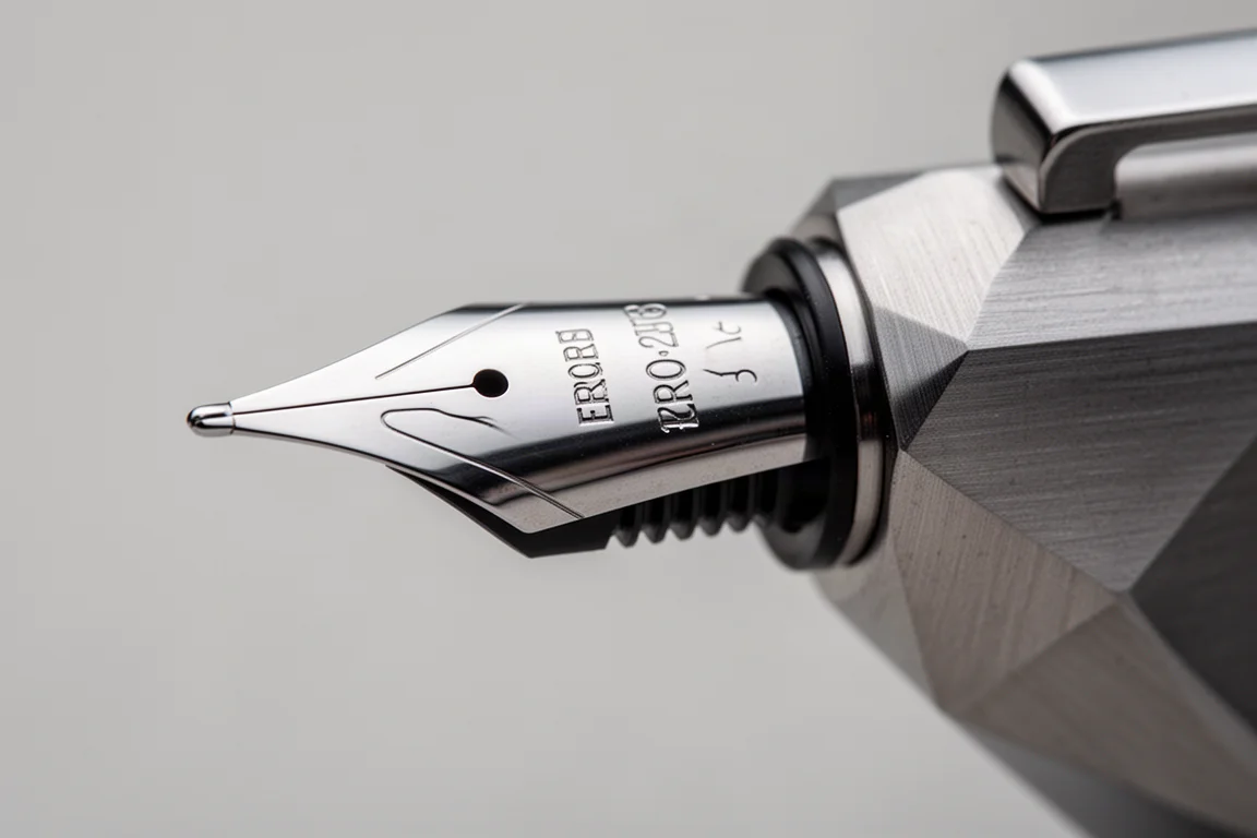 Close-up van een stalen italic-vulpenveer en inktgeleider