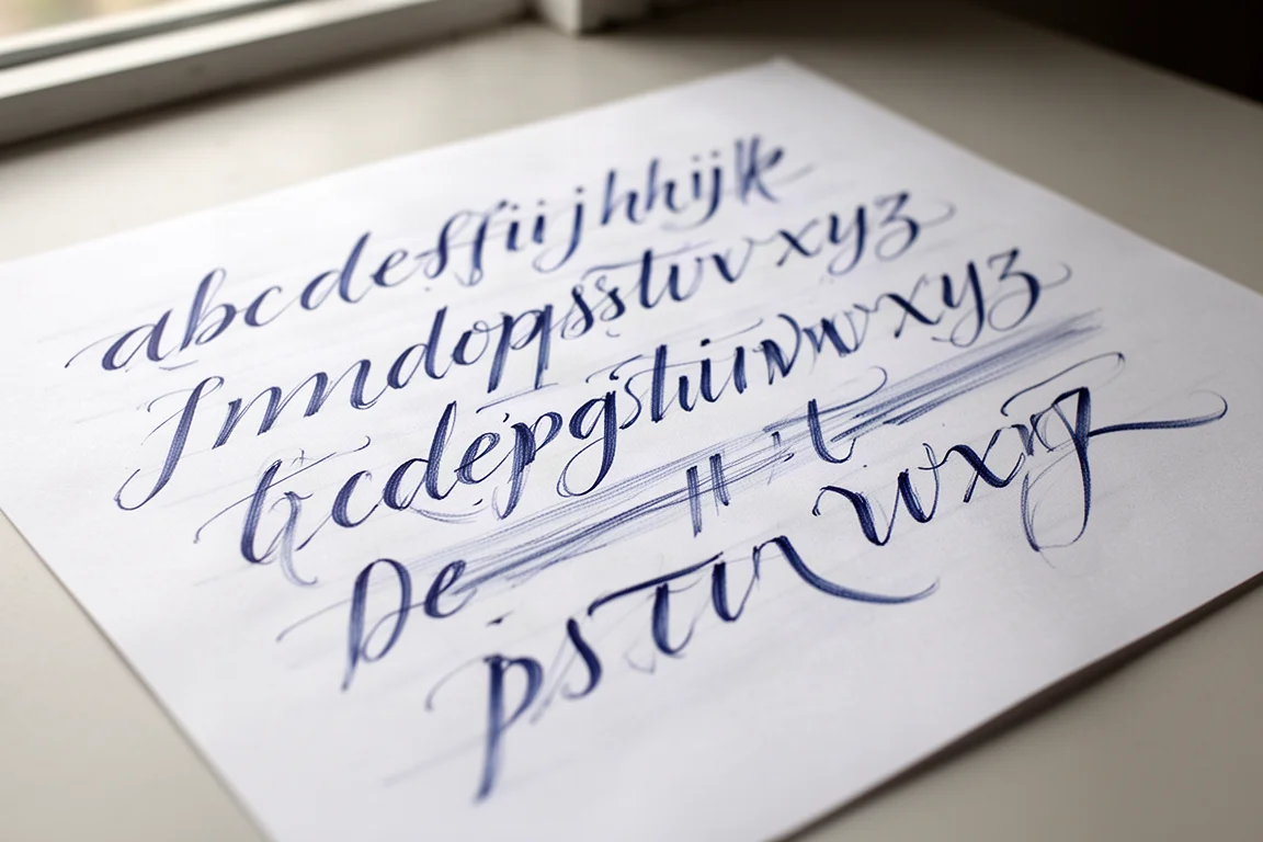 Handgeschreven calligraphie-oefenlijnen in blauwe inkt op wit papier