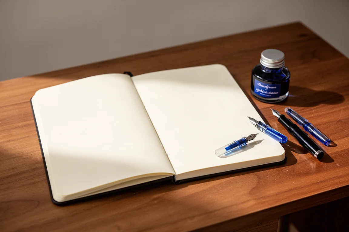 Open notitieboekje en inktfles op een bureau klaargezet voor een calligraphiesessie