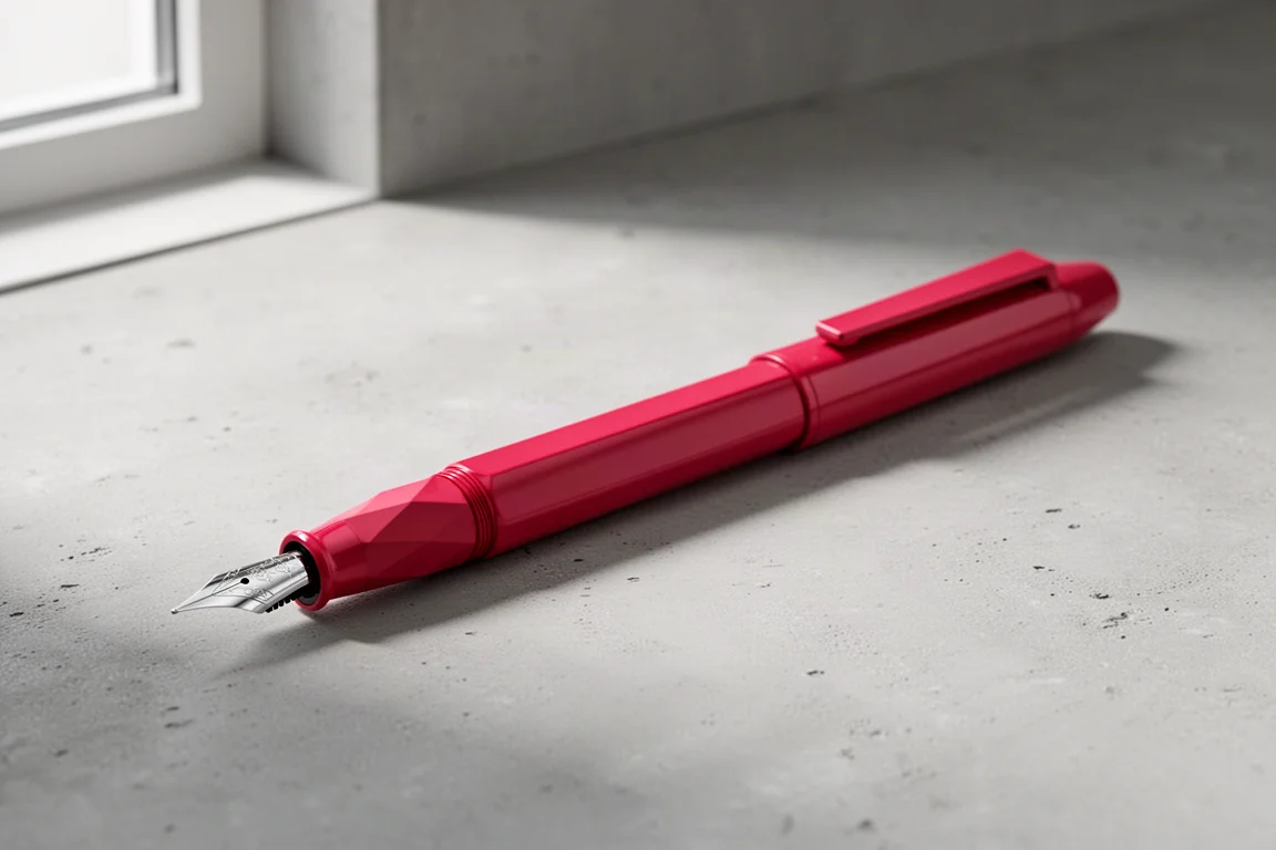 Slim red Lamy Joy calligraphy fountain pen on a grey concrete surface