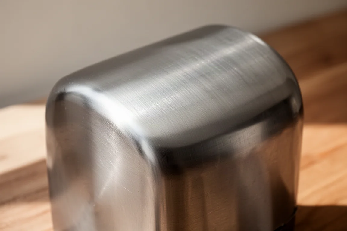 Nahaufnahme eines Schafts aus gebürstetem Edelstahl mit Hairline-Textur bei weichem Licht