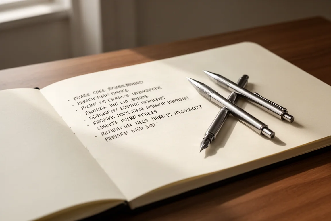 Handschriftliche Notizen in einem Notizbuch neben einem Druckbleistift aus Edelstahl