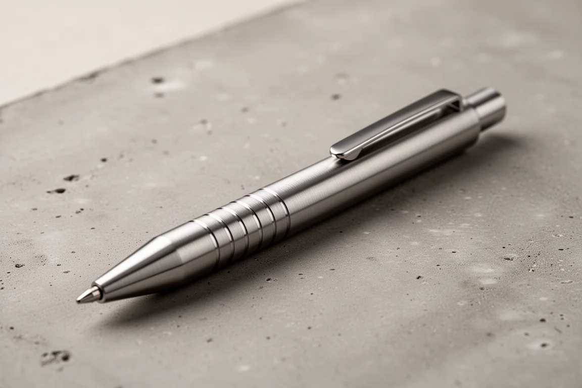 Brushed stainless steel LAMY mechanical pencil on a concrete surface under soft light