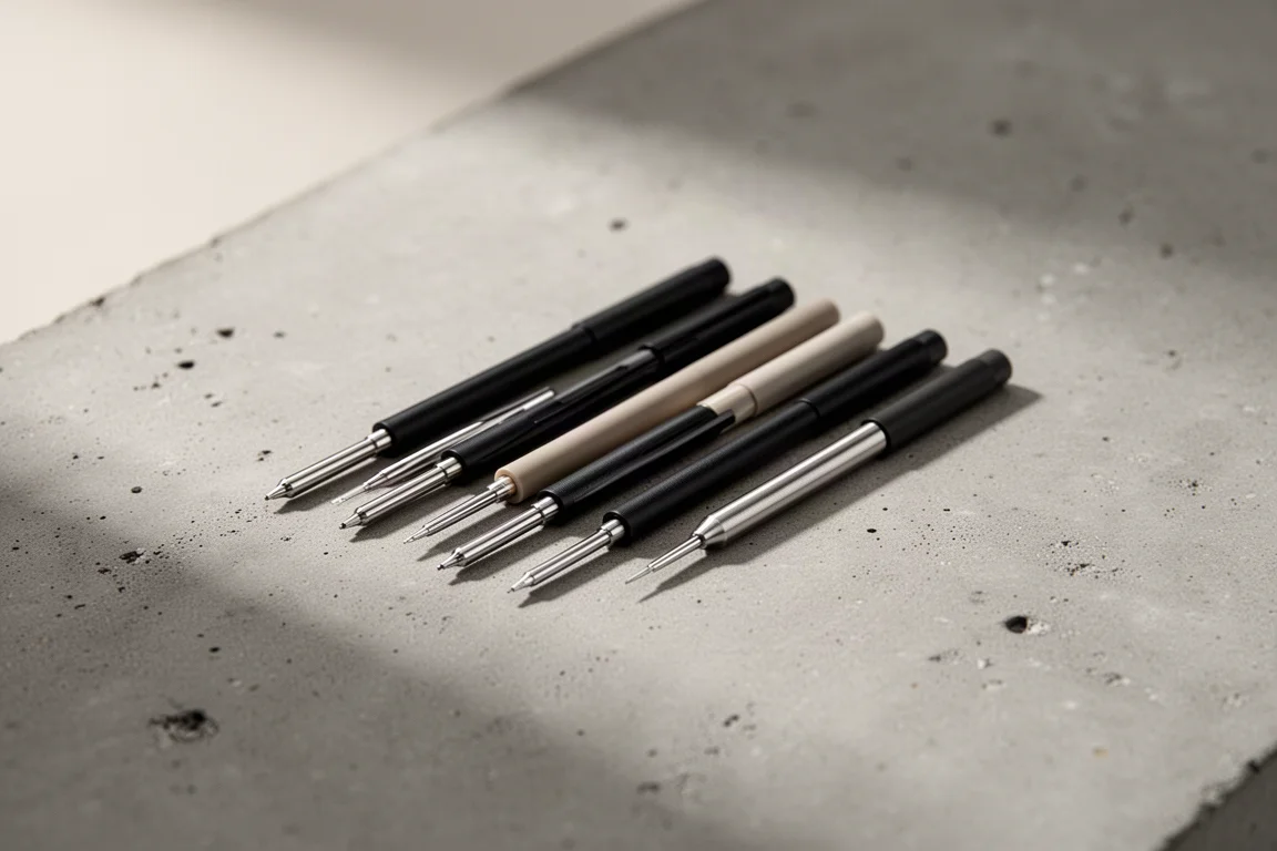 Recharges pour stylo multifonction disposées soigneusement sur une surface en béton