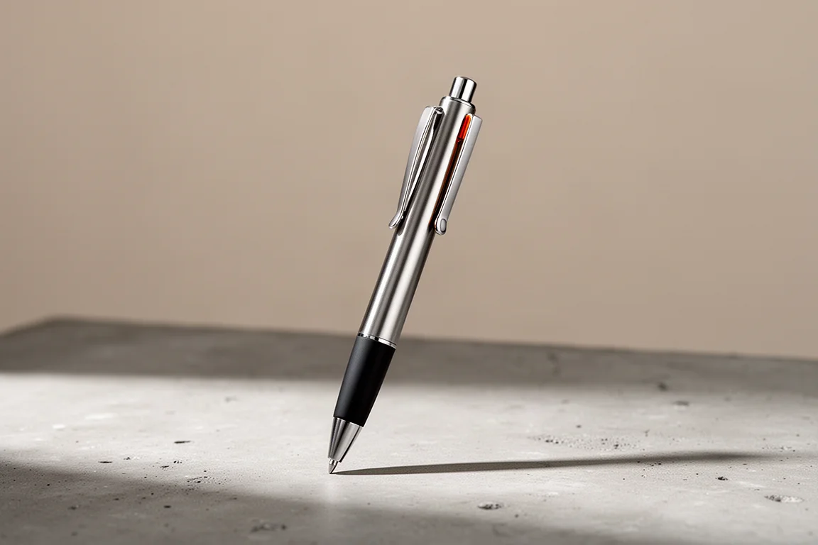 Slim stainless steel LAMY Logo Tri Pen standing on a matte concrete surface