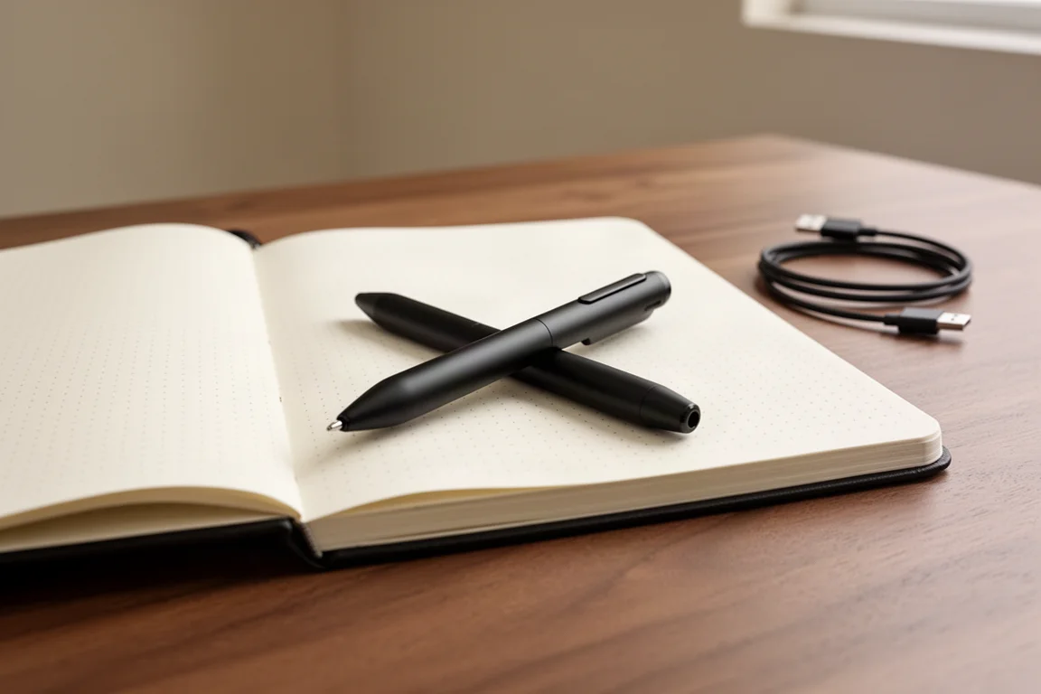 Smart pen resting on an open dot-grid notebook beside a charging cable
