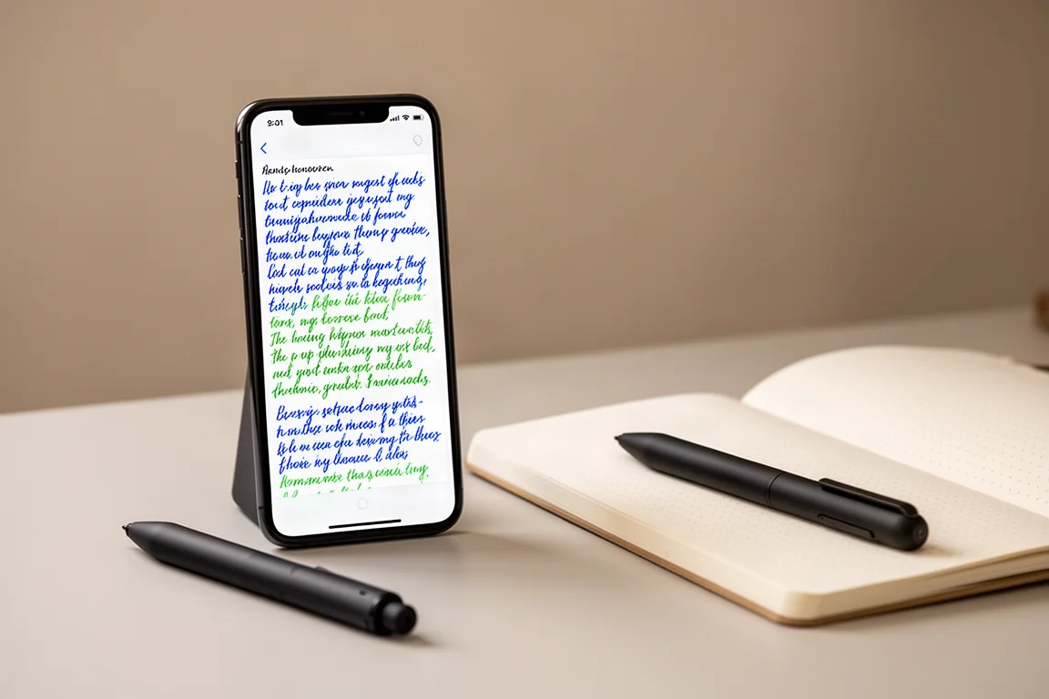 Phone showing handwriting being digitized in real time on a desk