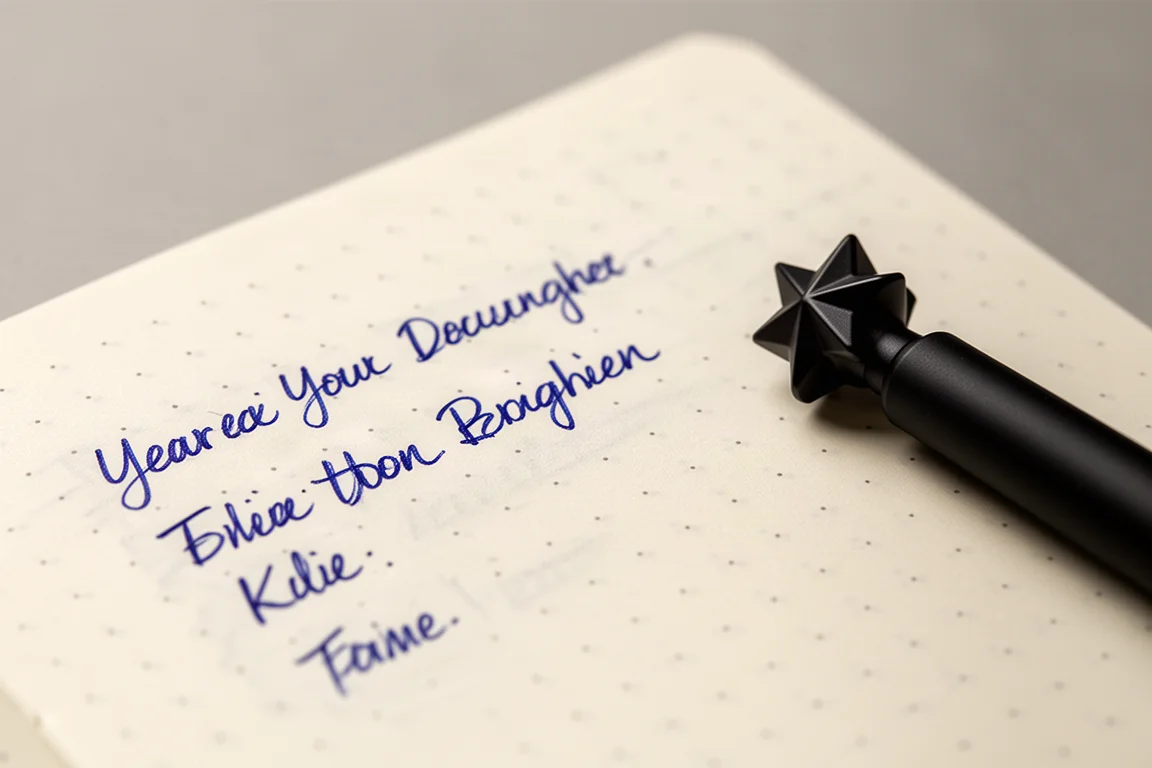 Close-up of handwritten notes on dot-grid paper with pen nearby