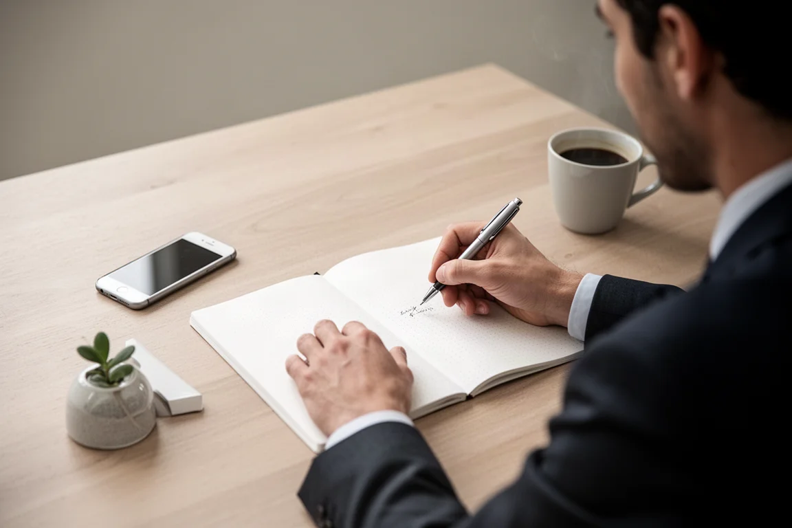 Person writing notes during a meeting at a tidy table