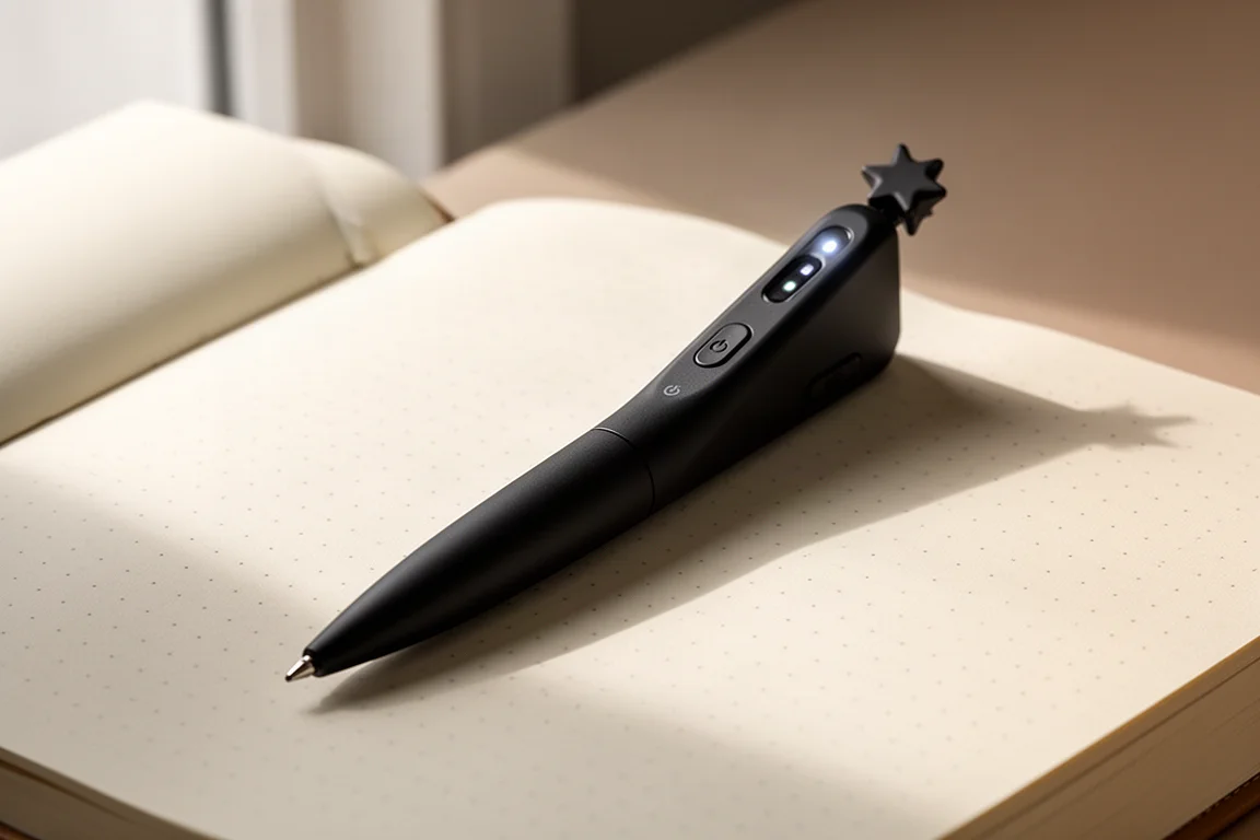 Matte black smart pen resting on an open dot-grid notebook