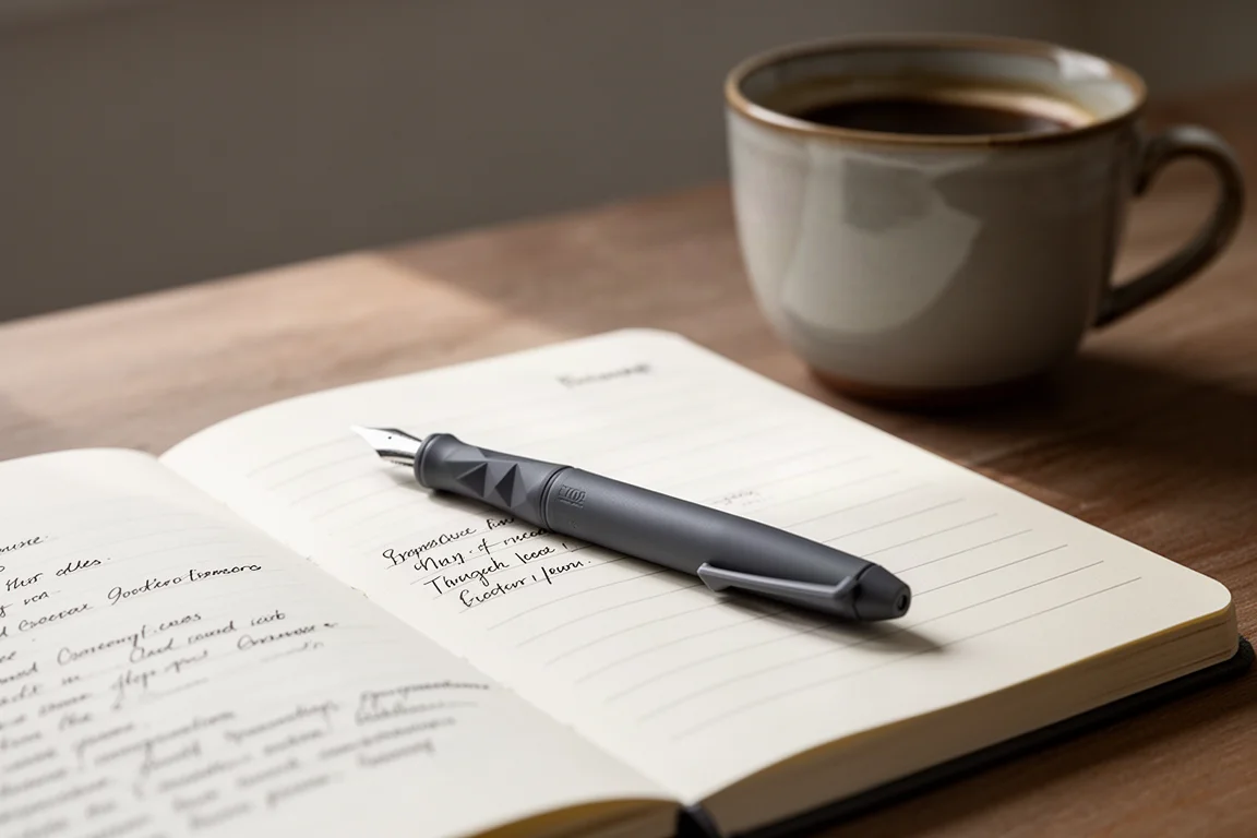 Füllhalter auf einem offenen Notizbuch neben einer Tasse Kaffee