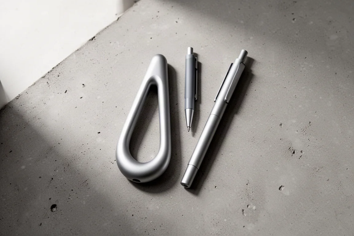 Freihändiges Flat Lay von Aluminium-Stiften auf einer Betonfläche