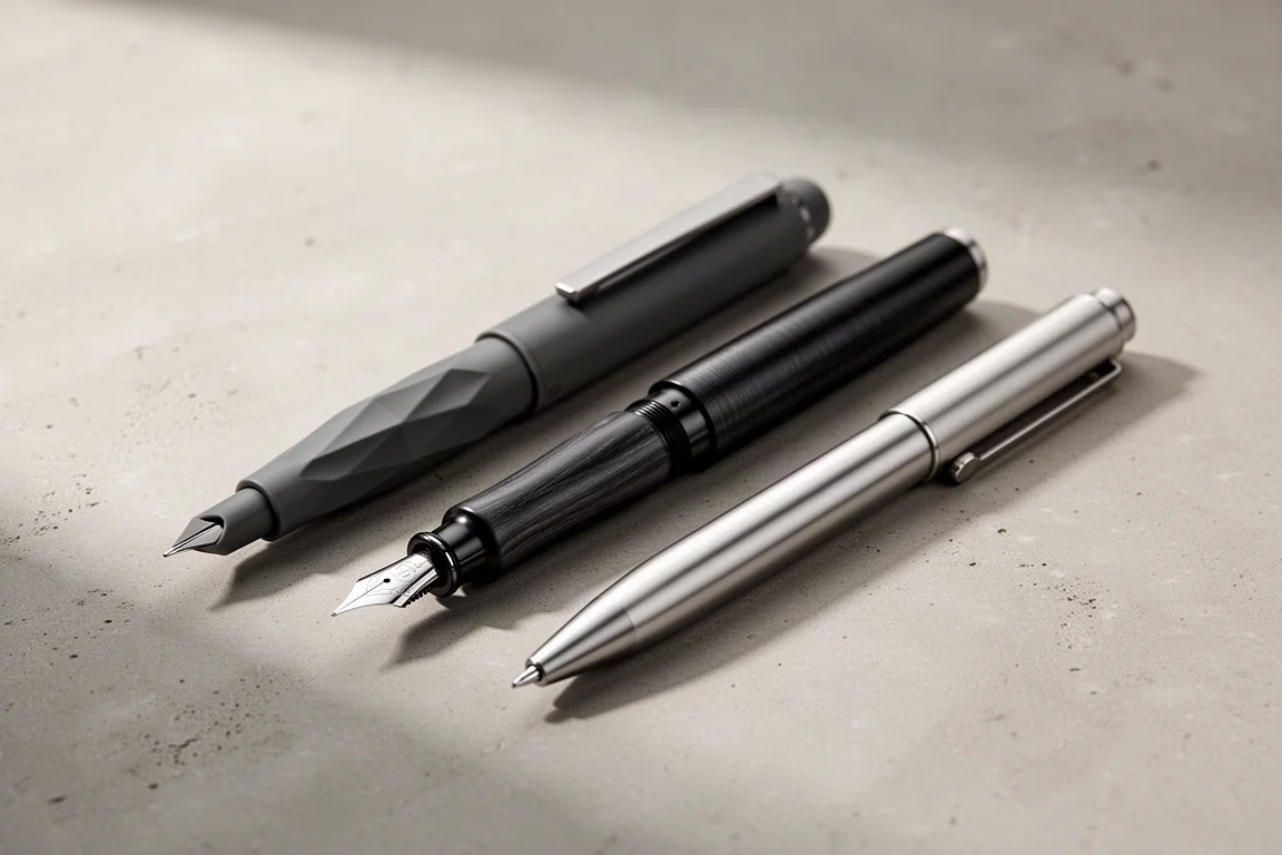 A curated lineup of modern fountain pens and ballpoints on a concrete surface