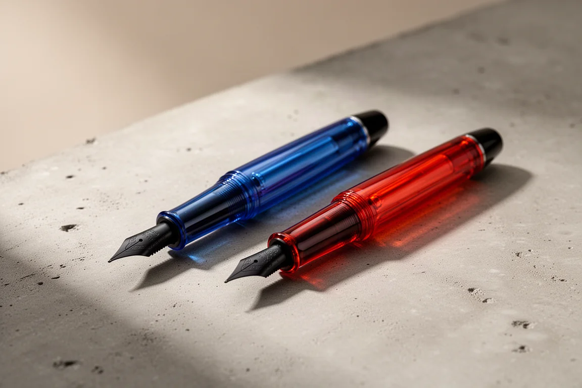 Two Lamy fountain pens, one blue and one red, side by side on concrete