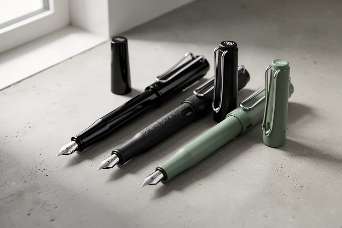 Matte black Lamy Safari fountain pen resting on a desk beside a notebook