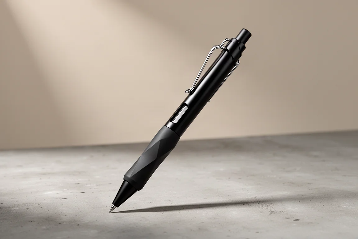 Black Safari mechanical pencil with triangular grip and wire clip on concrete surface