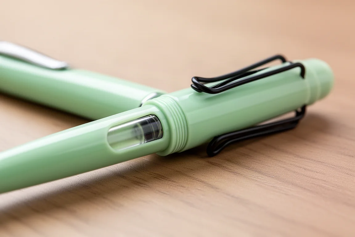 Pastel green Lamy Safari fountain pen showing its ink window and signature clip