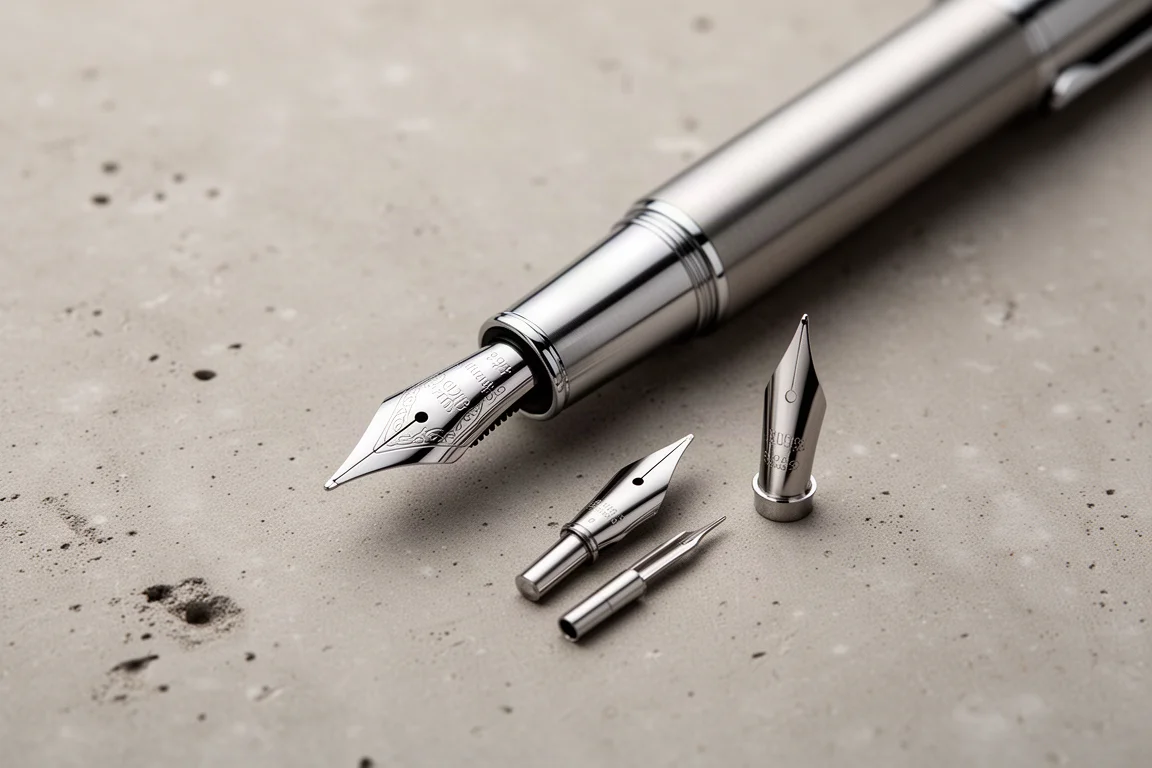 Fountain pen nib being swapped on a pen barrel with loose nibs nearby