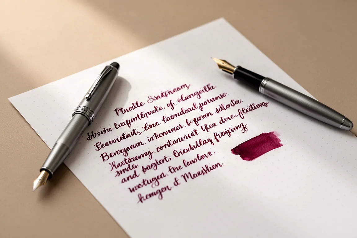 Writing sample in red ink on dotted paper next to a green fountain pen
