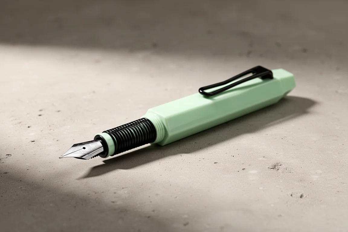 Pastel green Lamy Safari fountain pen with black clip on concrete surface