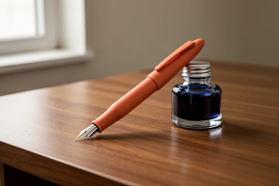 Stylo plume terracotta posé sur un bureau en bois à côté d'une bouteille d'encre bleue