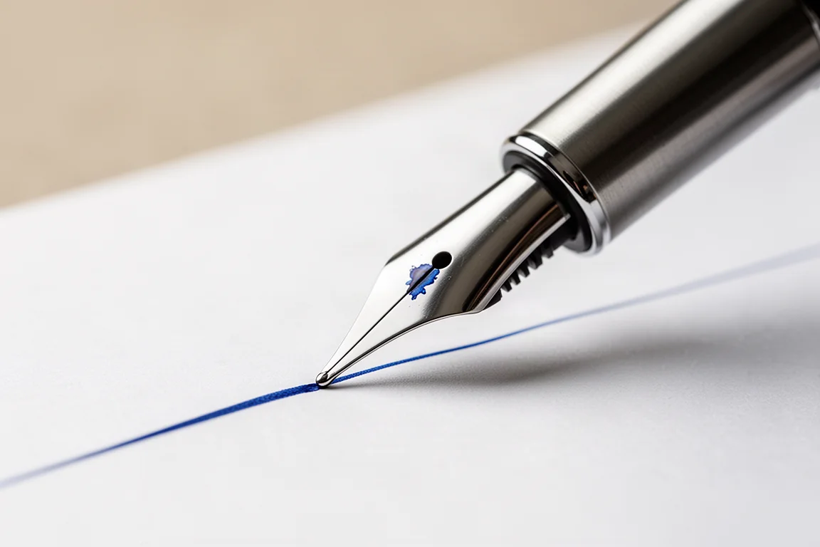 Gros plan sur une plume de stylo plume en acier inoxydable touchant du papier blanc avec un fin trait bleu