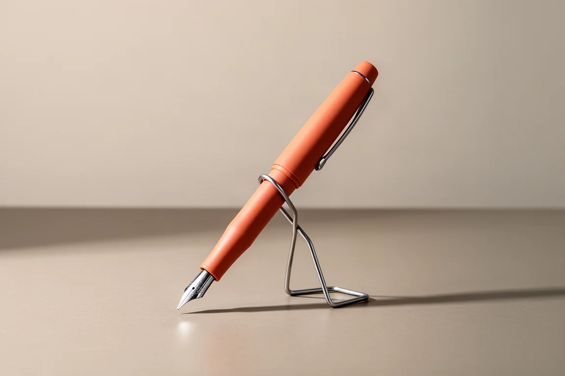 Stylo plume en équilibre verticalement sur son clip en fil métallique, légèrement en suspension au-dessus d'un bureau