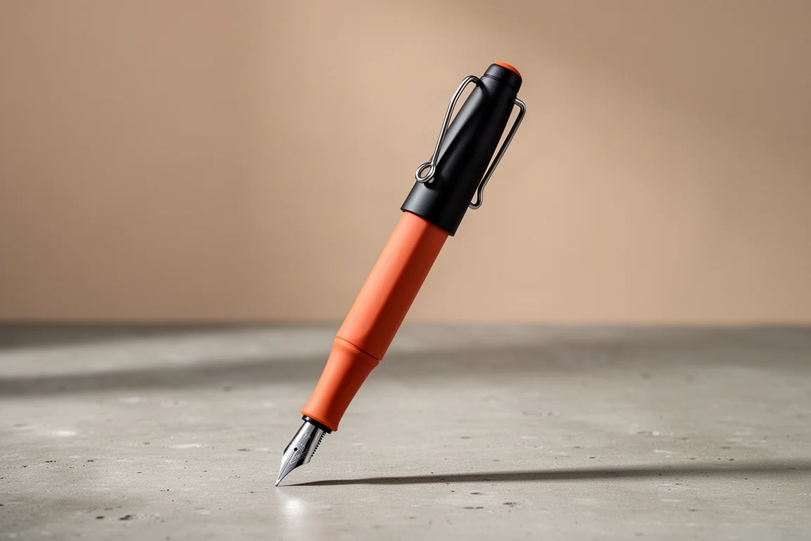 Terracotta Lamy Safari fountain pen standing on a concrete surface